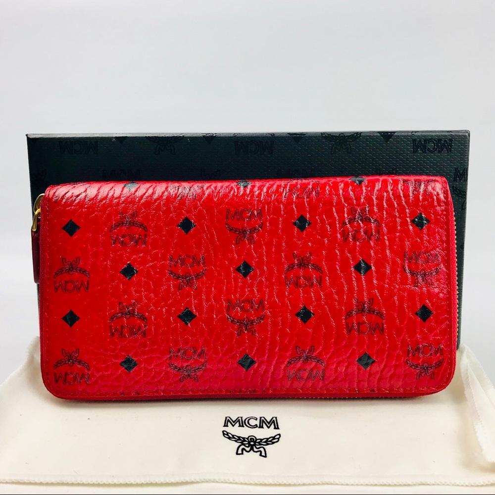 Authentic MCM Visetos Zippy Long Red Wallet